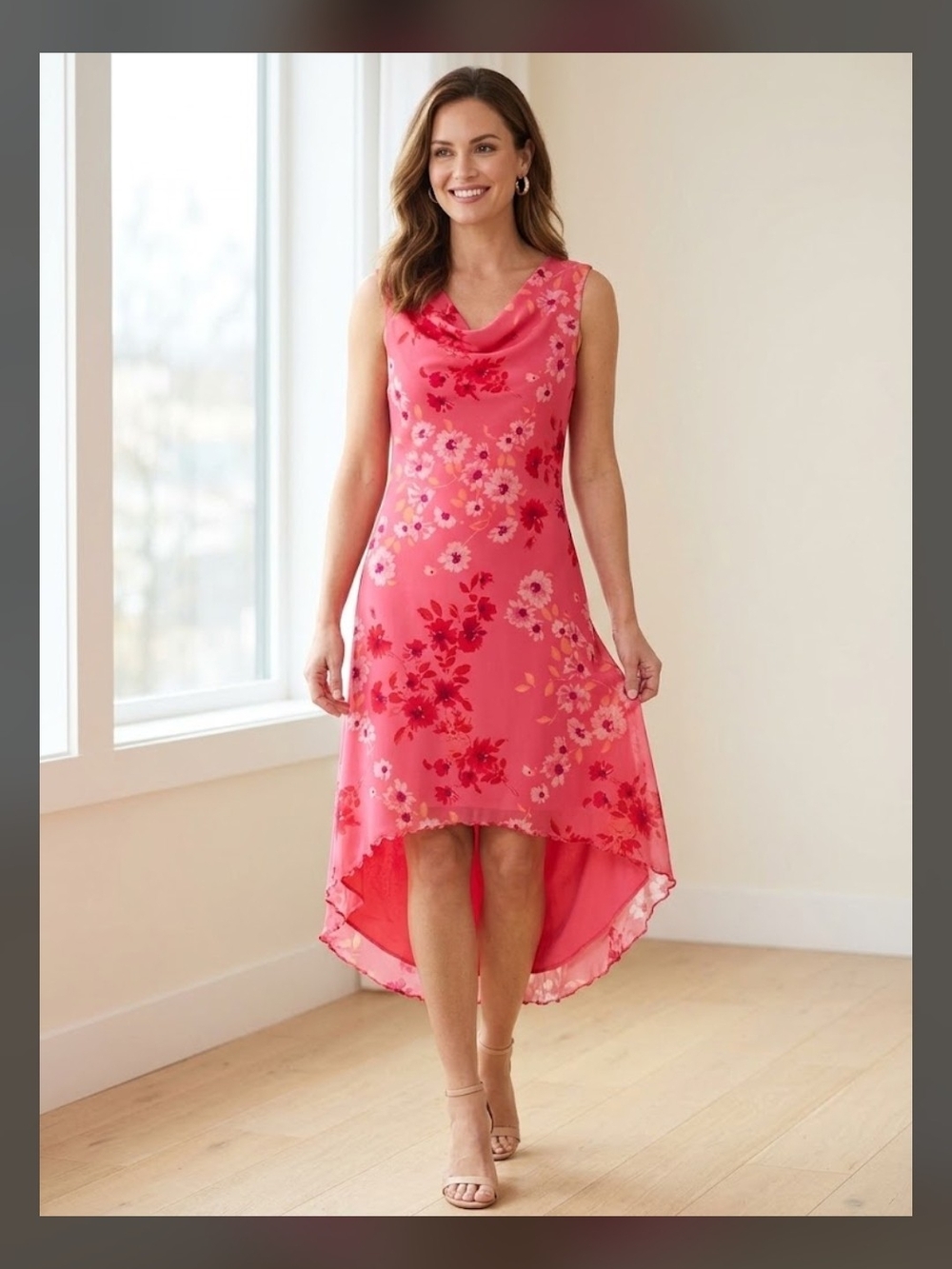 Reitmans Coral-Pink Floral Cowl-Neck High-Low Dress